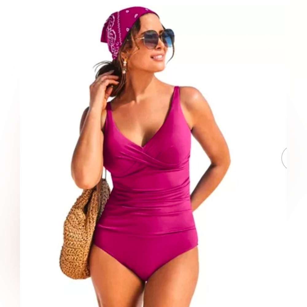 Swimsuits for All V-Neck One Piece Swimsuit  Bright Berry
